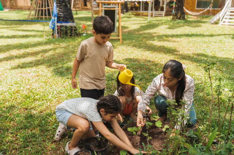 Children planting seedlings and watering them with a yellow watering can