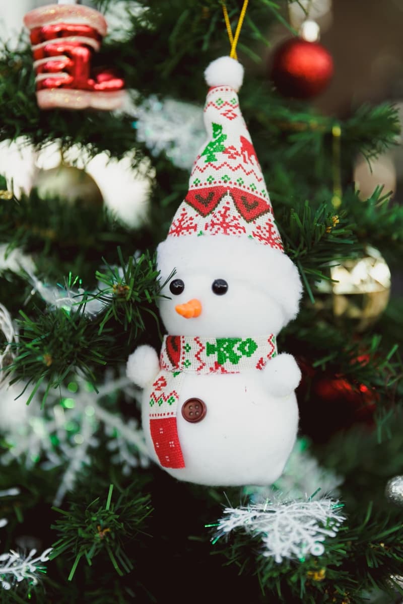 A snowman ornament on the Christmas tree