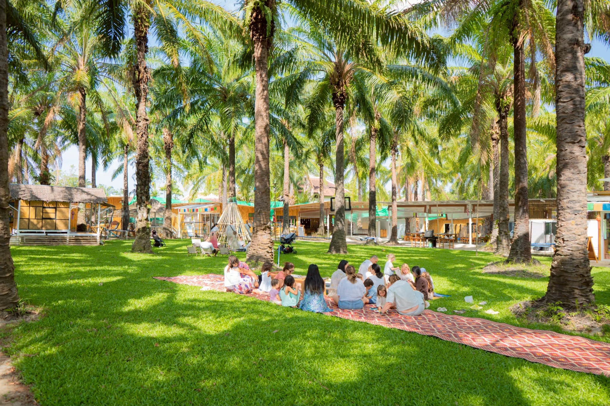 Families on green lawn under palm trees at Bamboo Valley