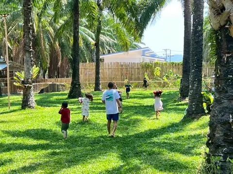Children running across the lawn under the palm trees