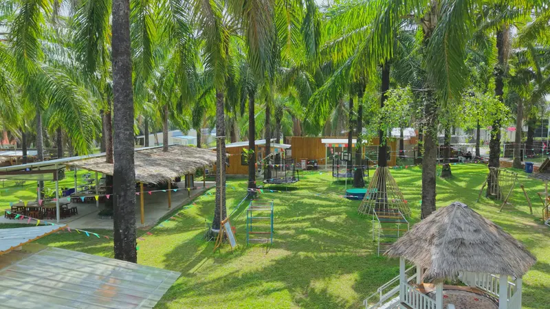 The nature park from above: a green lawn, play areas and bamboo classrooms under the palms