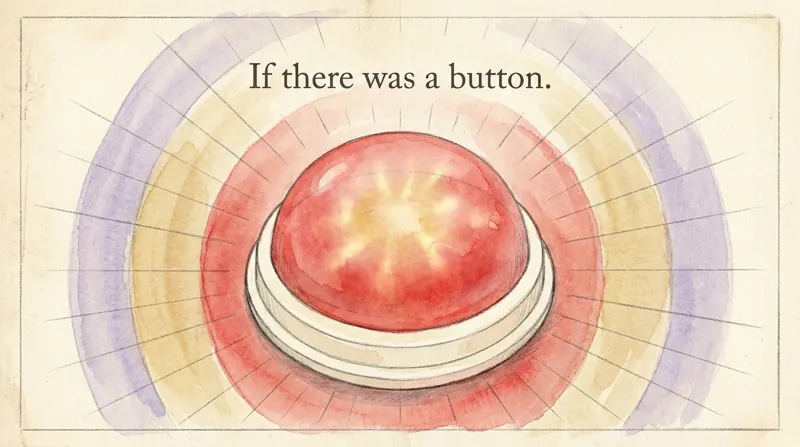 A red dome button glowing inside watercolour halos, captioned: If there was a button.