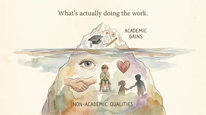 An iceberg: academic gains above the waterline; curiosity, self-control, persistence and empathy in the much larger part below.