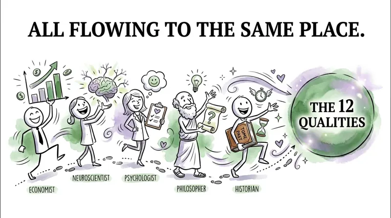 An economist, a neuroscientist, a psychologist, a philosopher and a historian walking towards the same glowing sphere labelled the 12 qualities.