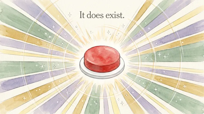 The same red button, now bursting with light, captioned: It does exist.