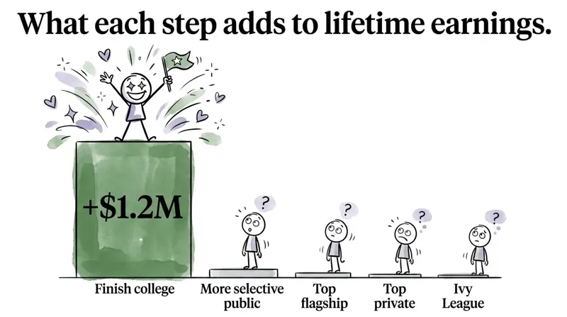 A bar chart: finishing college adds 1.2 million dollars in lifetime earnings; more selective colleges add almost nothing.