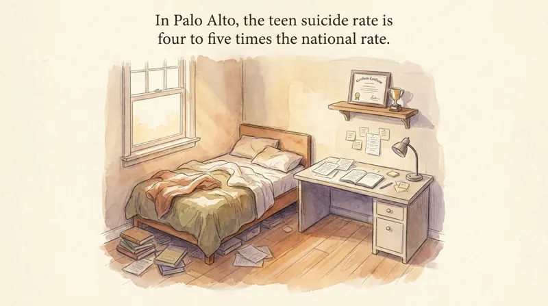 An empty teenager's bedroom at dawn, captioned: In Palo Alto, the teen suicide rate is four to five times the national rate.