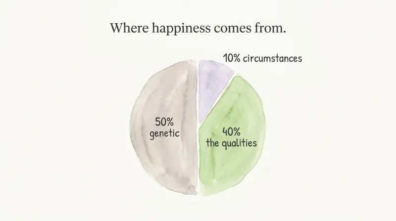 A pie chart of where happiness comes from: 50% genetic, 10% circumstances, 40% the qualities.