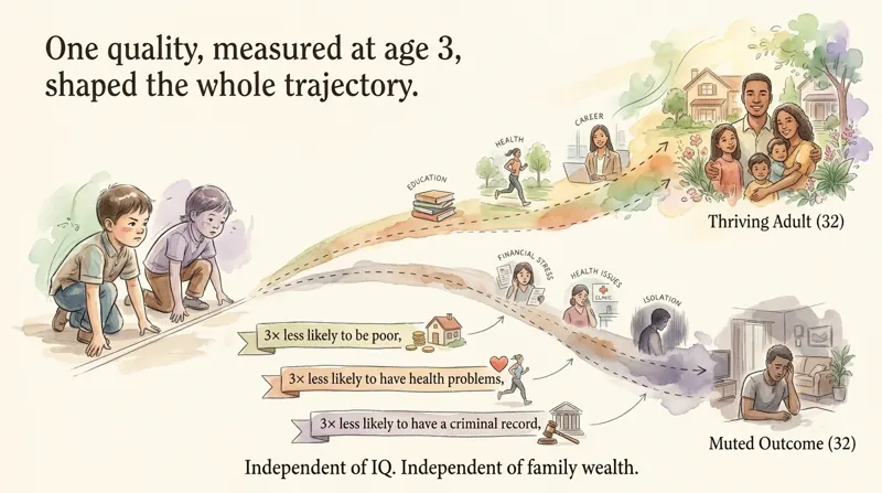 Two children at a starting line at age three, their paths diverging by age 32 according to self-control.