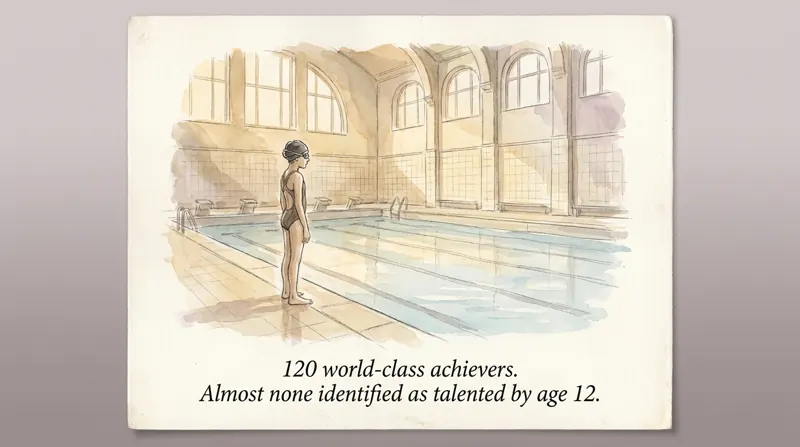 A young swimmer alone beside an empty pool at dawn, captioned: 120 world-class achievers, almost none identified as talented by age 12.