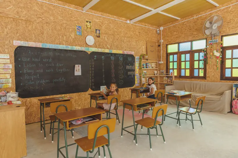 The primary classroom with wooden desks and a chalkboard