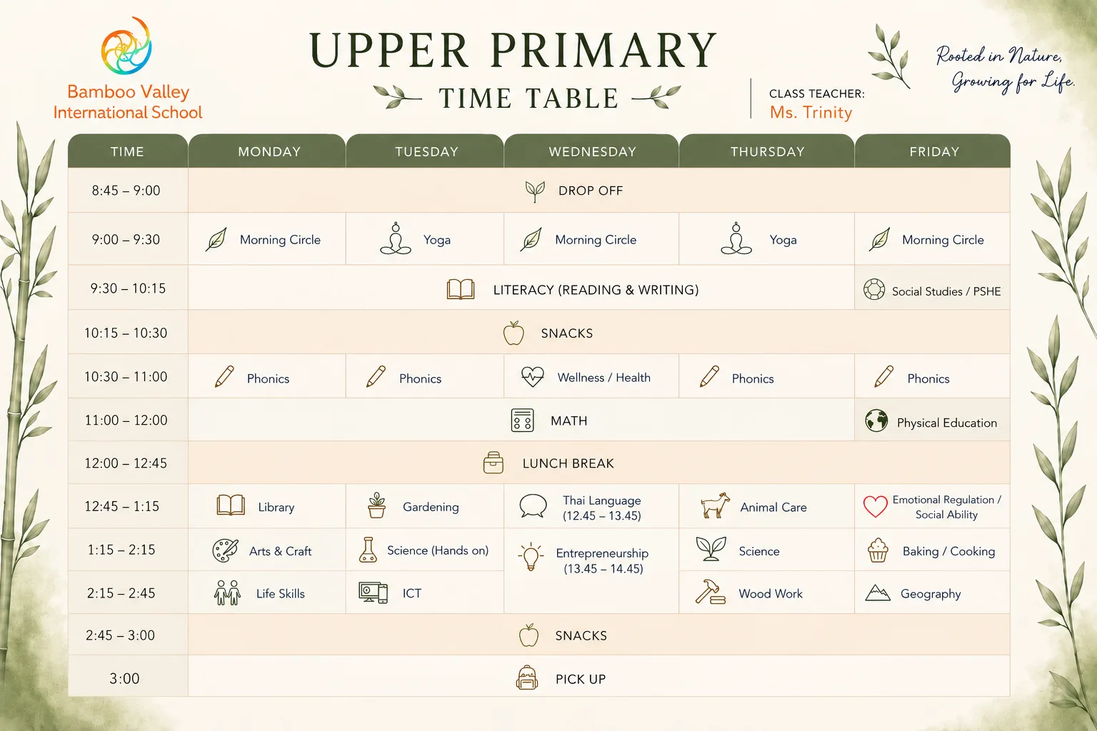 The Upper Primary timetable, Monday to Friday: drop-off at 8:45, morning circle or yoga, reading and writing, snack, phonics, maths, lunch, then afternoons of library, arts and craft, life skills, gardening, science, ICT, Thai, entrepreneurship, animal care, woodwork, baking and geography, snack and pick-up at 15:00.